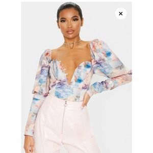 Pretty Little Thing Blue Renaissance Puff Sleeve Crop Top NWT